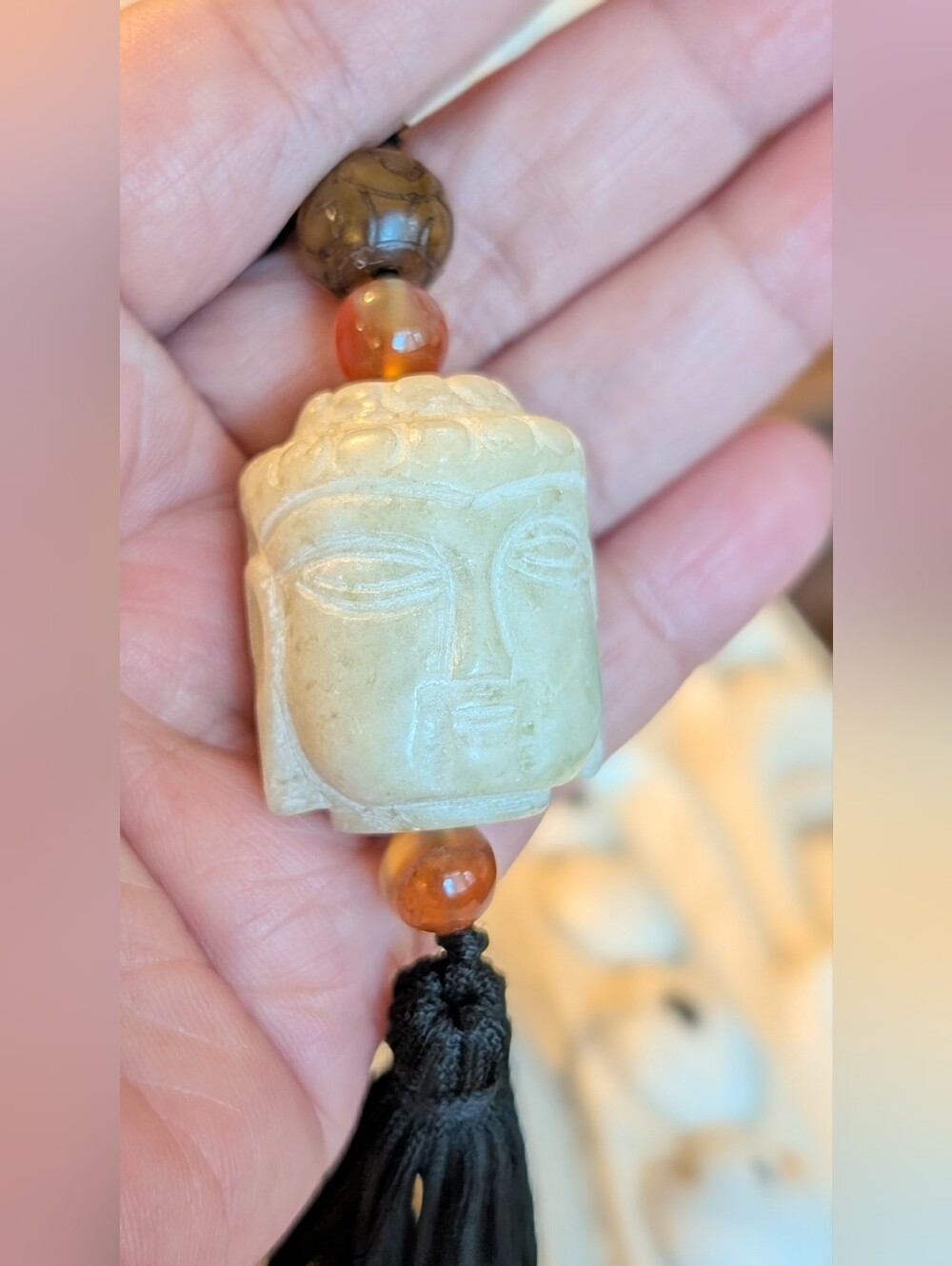 Hand-carved white /CREAM JADE head pendant Shakyamuni Buddha.